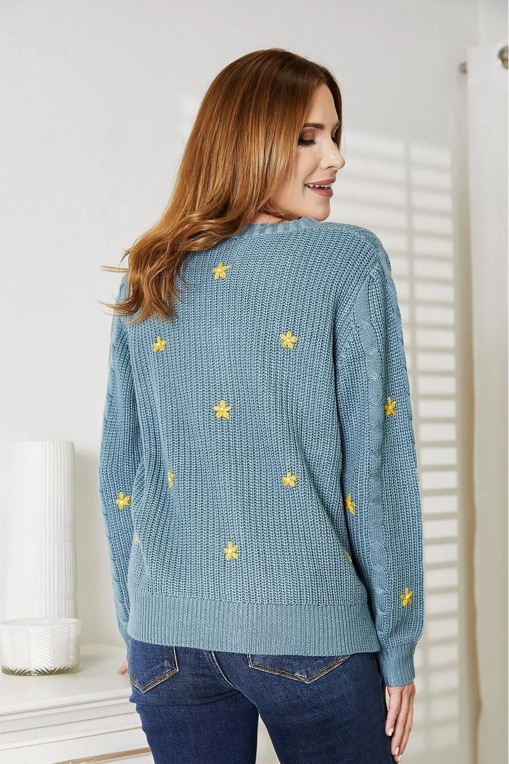 Winter Blooms Floral Embroidered Cable Cardigan