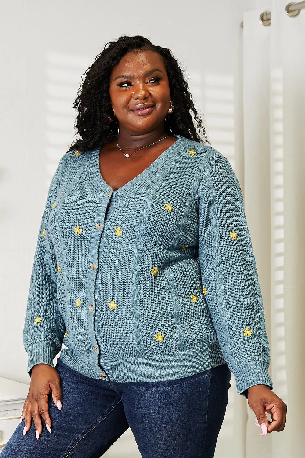 Winter Blooms Floral Embroidered Cable Cardigan