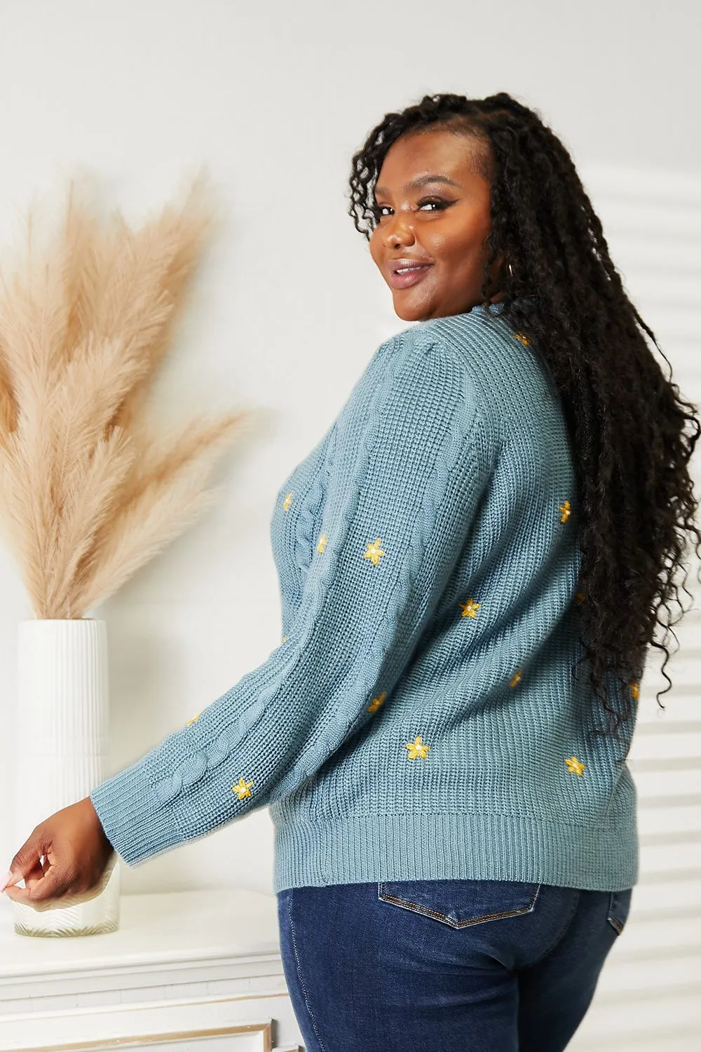 Winter Blooms Floral Embroidered Cable Cardigan