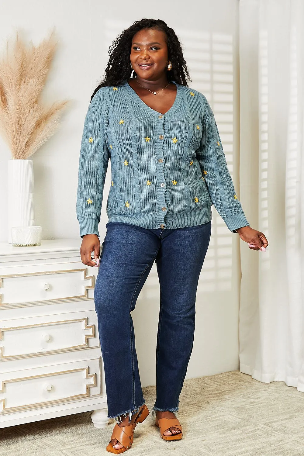 Winter Blooms Floral Embroidered Cable Cardigan