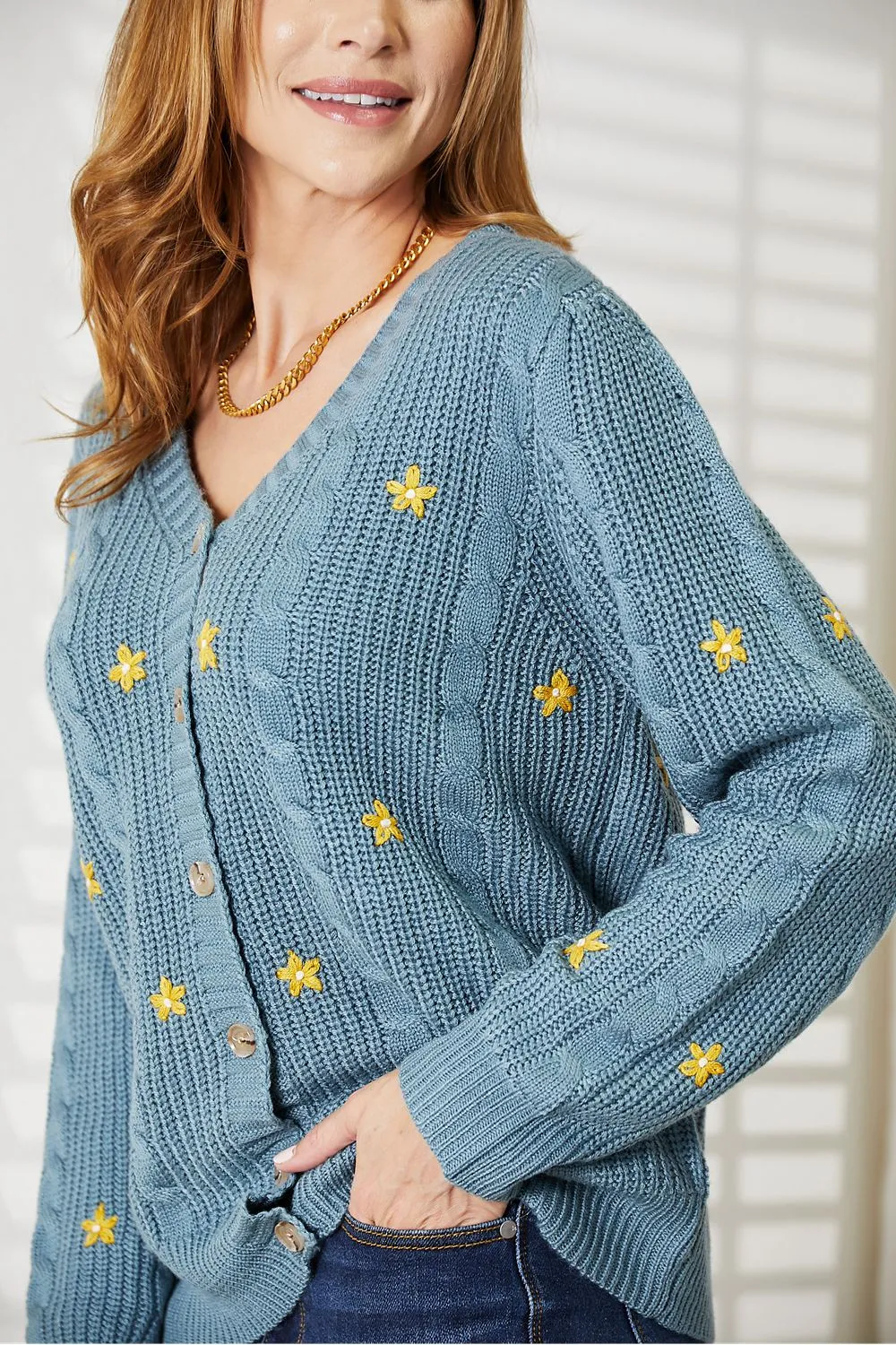 Winter Blooms Floral Embroidered Cable Cardigan