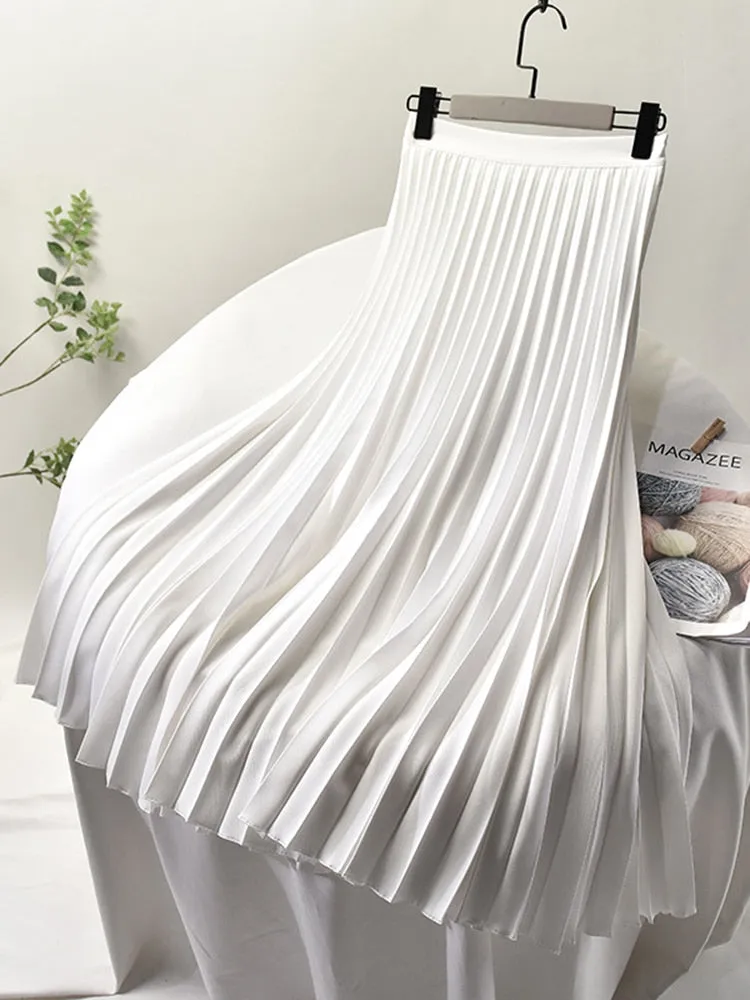 Women Spring Autumn Elegant Chic Solid Pleated Skirt