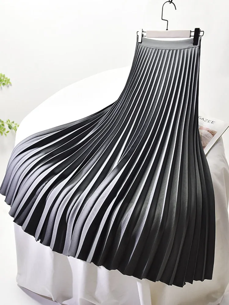 Women Spring Autumn Elegant Chic Solid Pleated Skirt