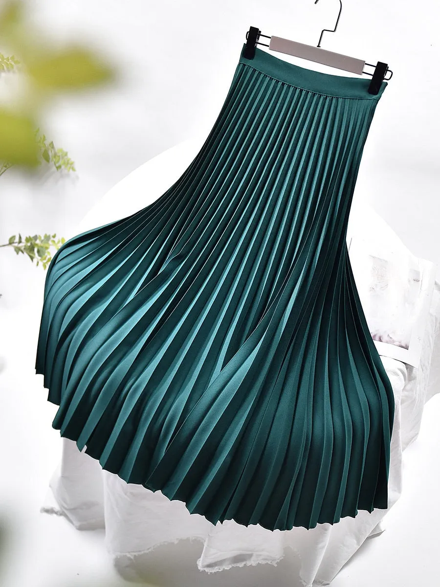 Women Spring Autumn Elegant Chic Solid Pleated Skirt
