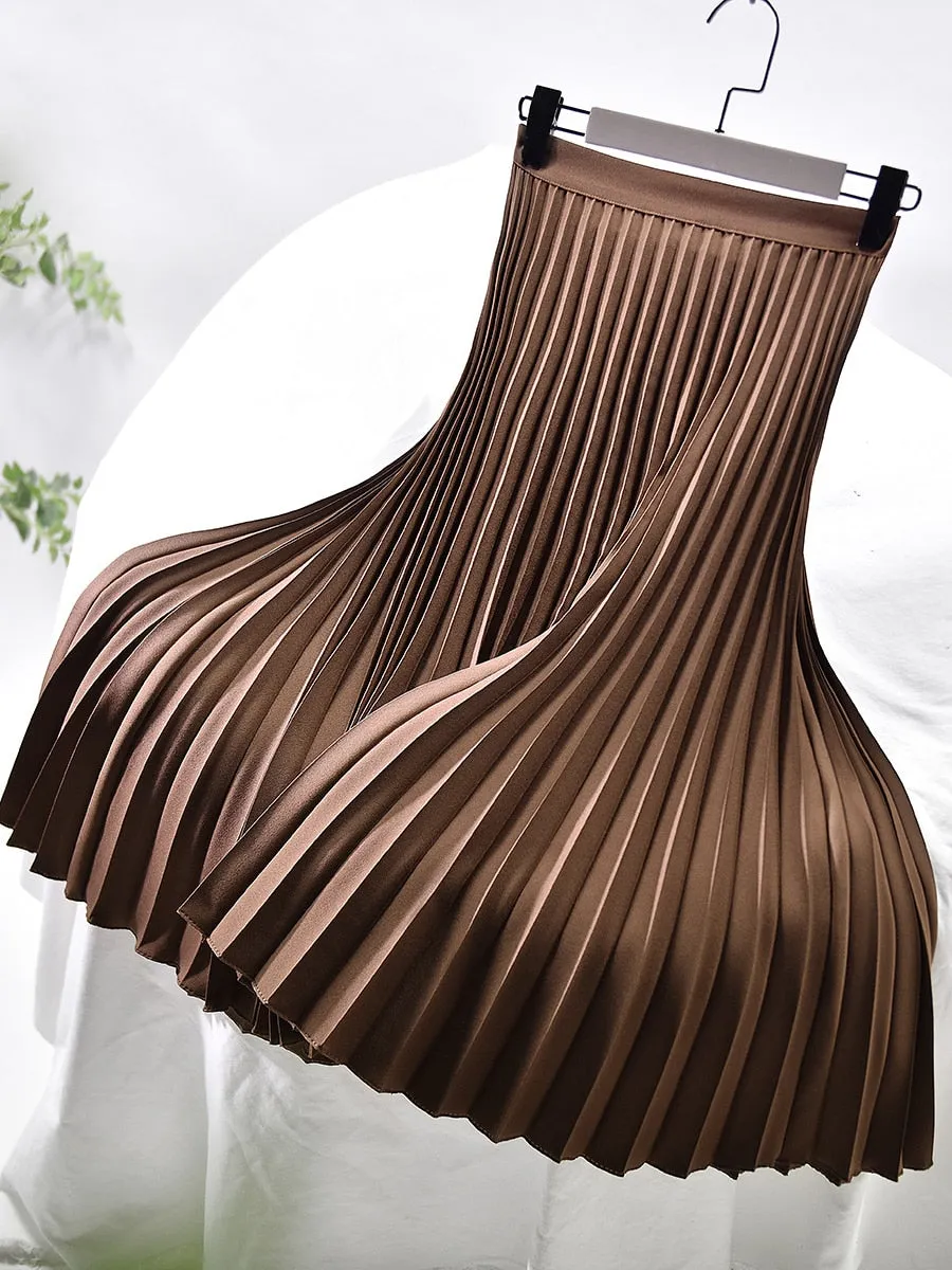 Women Spring Autumn Elegant Chic Solid Pleated Skirt