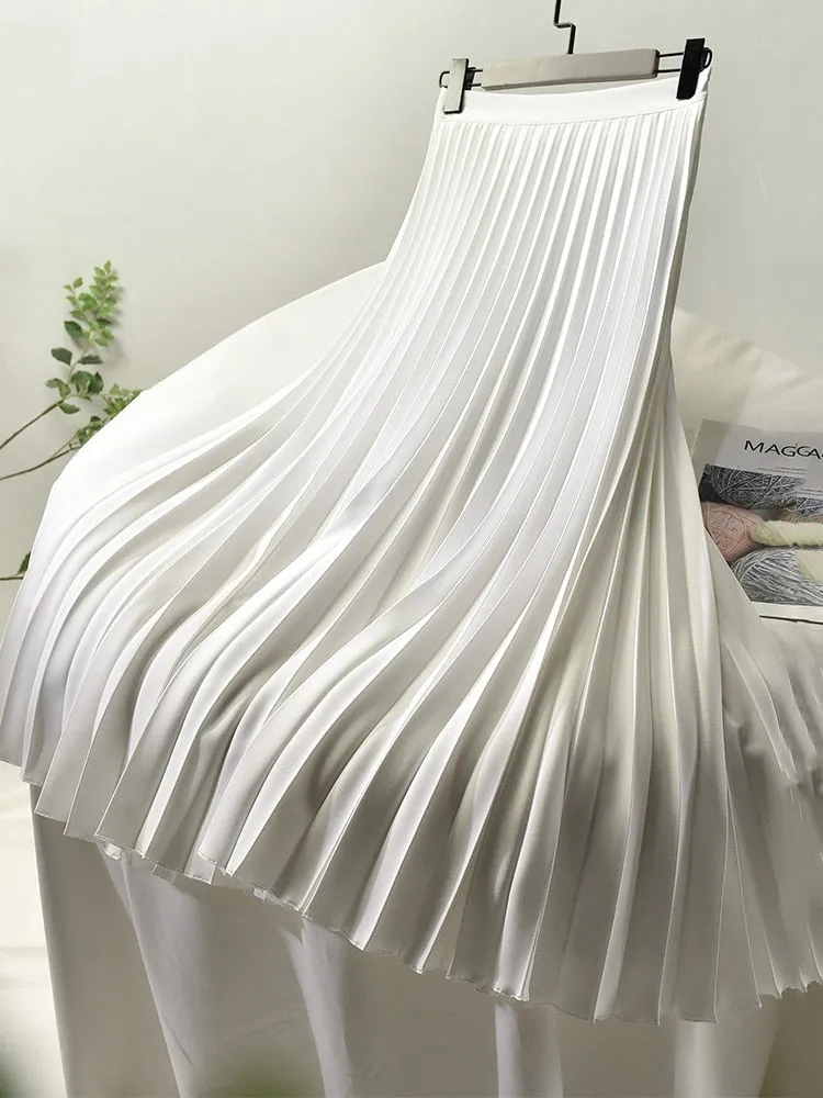 Women Spring Autumn Elegant Chic Solid Pleated Skirt