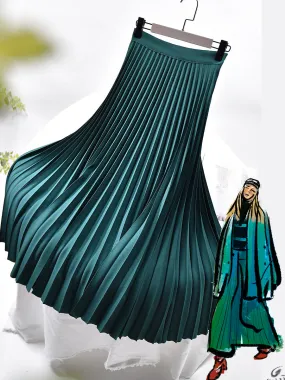 Women Spring Autumn Elegant Chic Solid Pleated Skirt