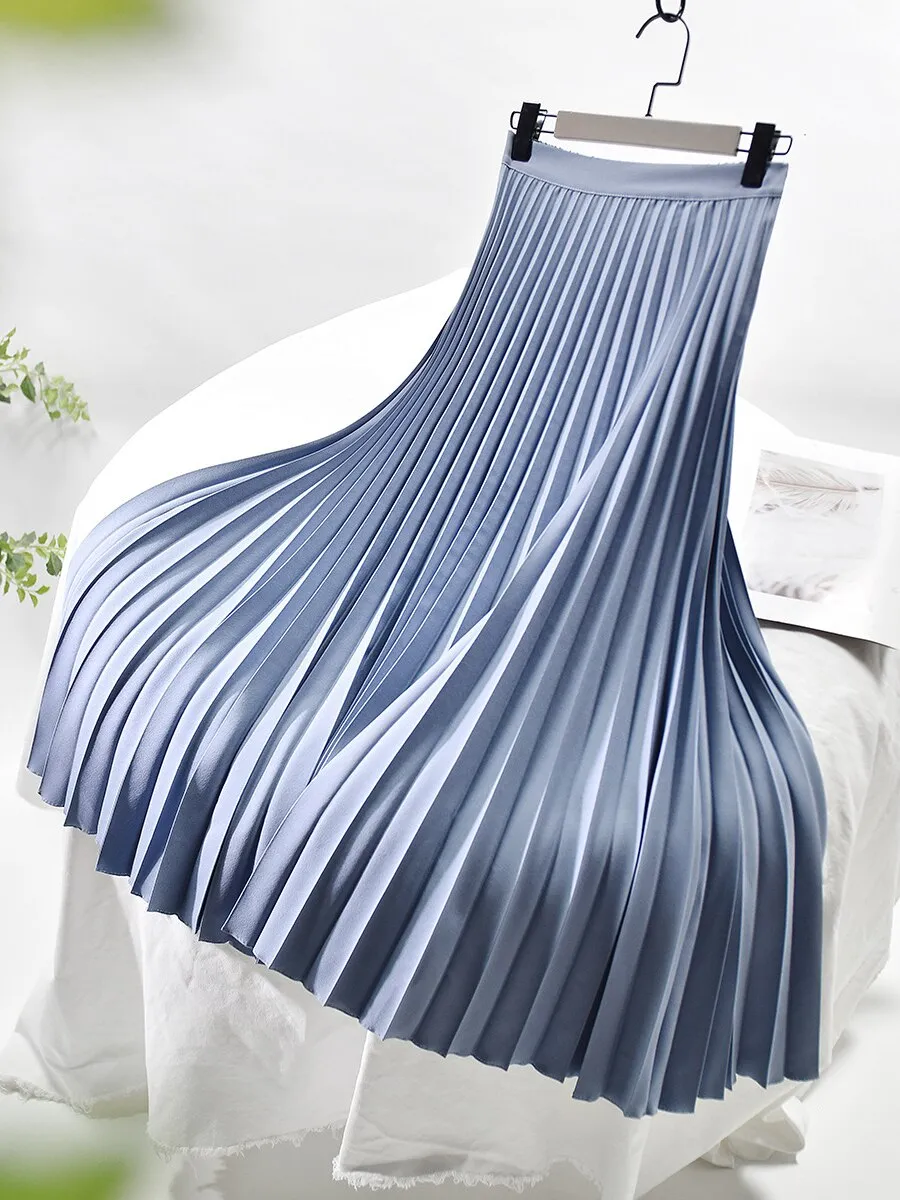 Women Spring Autumn Elegant Chic Solid Pleated Skirt