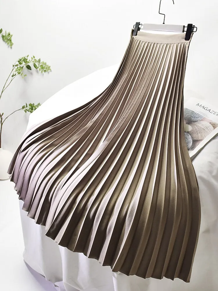 Women Spring Autumn Elegant Chic Solid Pleated Skirt