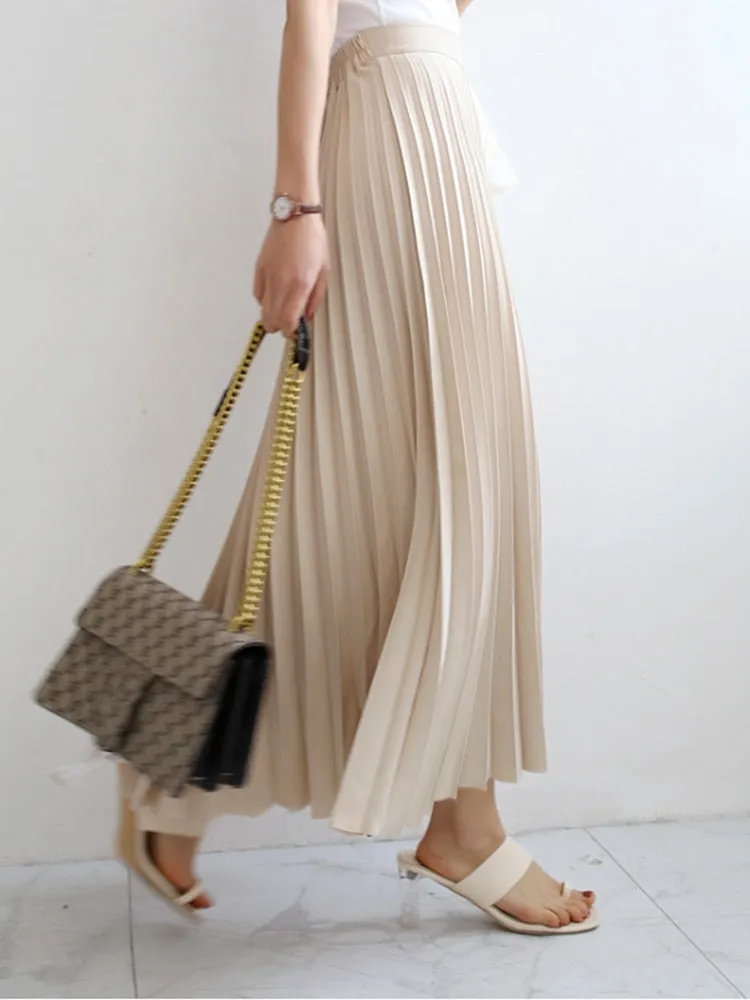 Women Spring Autumn Elegant Chic Solid Pleated Skirt
