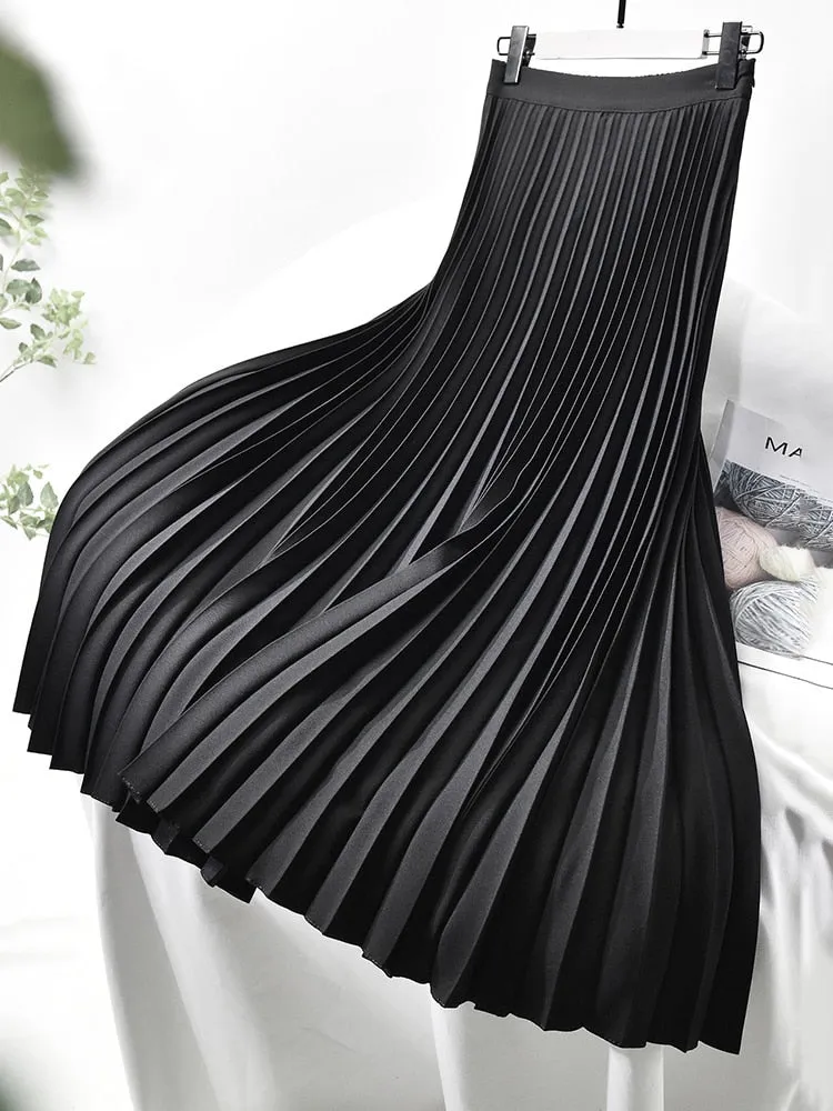 Women Spring Autumn Elegant Chic Solid Pleated Skirt