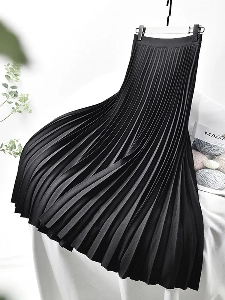Women Spring Autumn Elegant Chic Solid Pleated Skirt