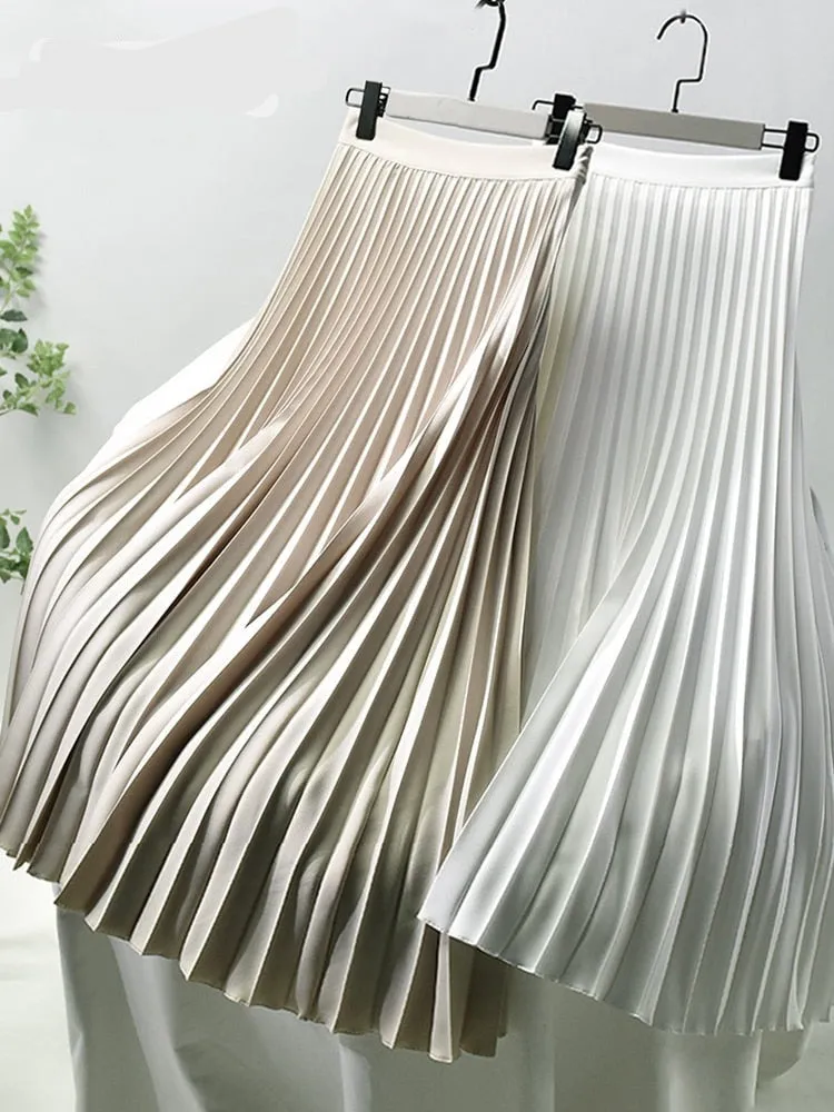 Women Spring Autumn Elegant Chic Solid Pleated Skirt