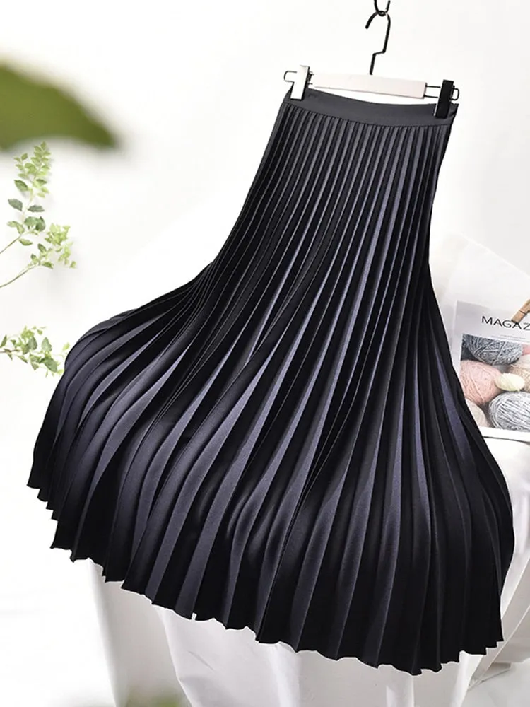 Women Spring Autumn Elegant Chic Solid Pleated Skirt