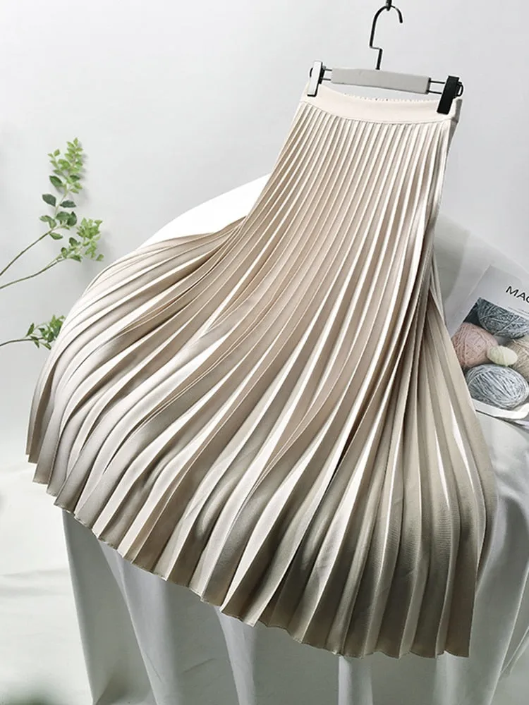 Women Spring Autumn Elegant Chic Solid Pleated Skirt